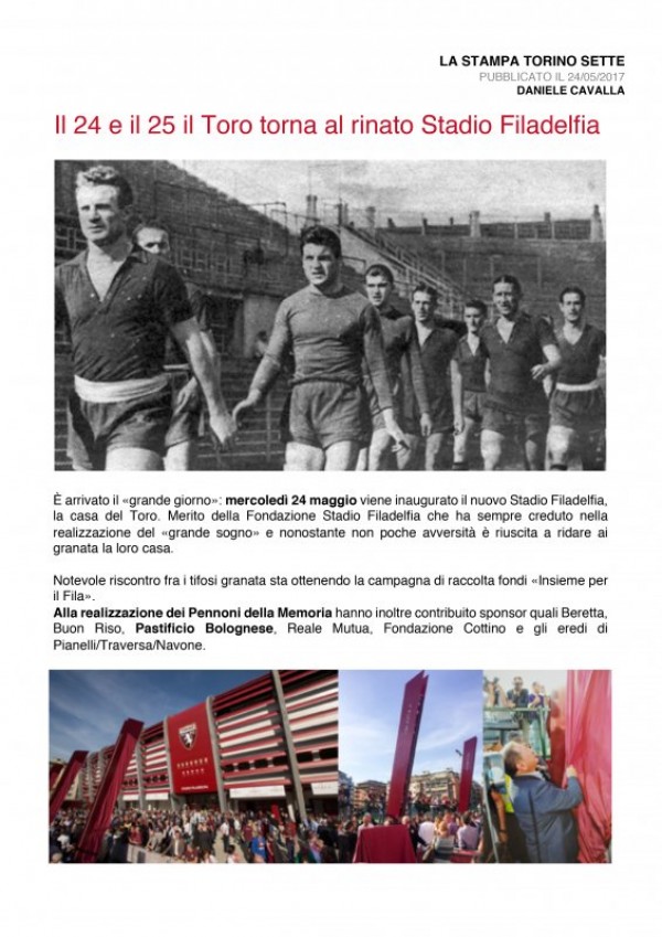 Il Toro torna al rinato Stadio Filadelfia. Il Pastificio Bolognese Muzzarelli dal 1949 sponsor del pennone Mazzola.