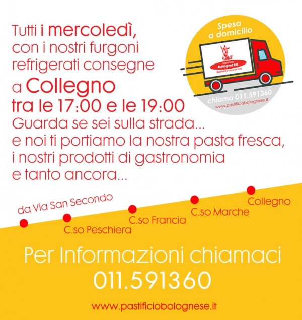 Tutti i mercoledì facciamo delivery di pasta fresca anche a Collegno 